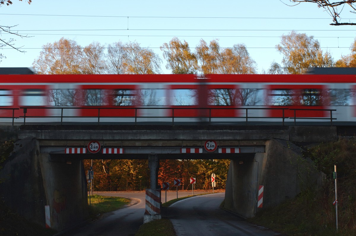 In Poing überquert am 03.11.13 ein 423 eine ziemlich in die Jahre gekommene Eisenbahnbrücke, die ständig Besucher aus ganz Deutschland durchfahren. Dessen Ziel ist der Poinger Wildpark - einer der angesagtesten seiner Art in unserer Republik.

