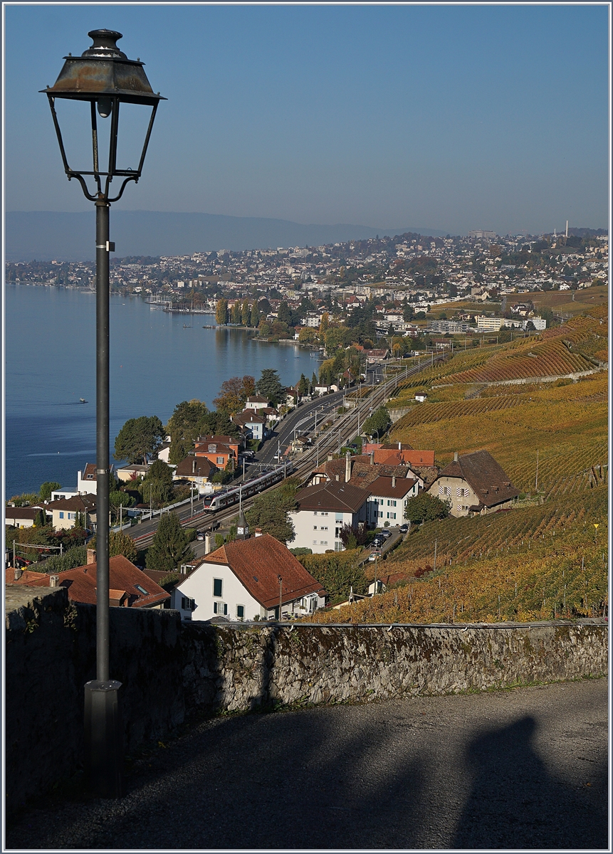 In Villette VD erreicht ein SBB Flirt, als S2 12228 von Villeneuve nach Vallorbe unterwegs, seine Haltestelle. 
18. Okt. 2017