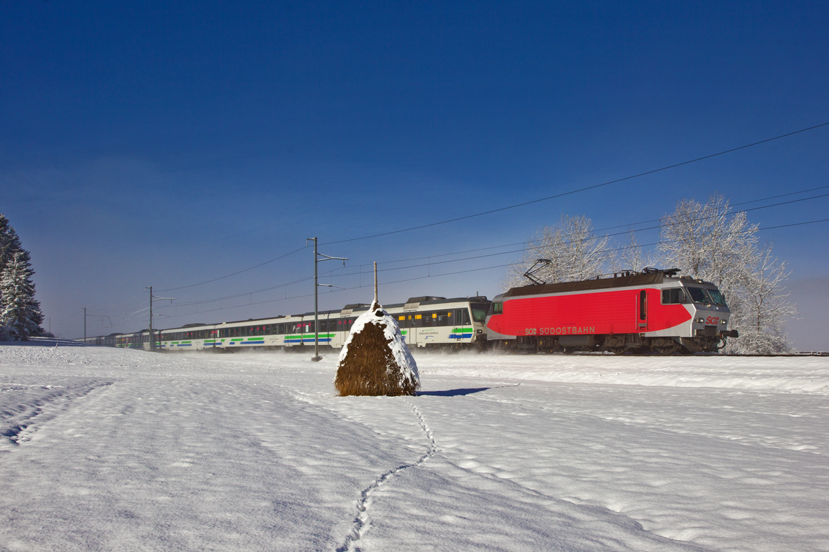 in der vorangehenden Nacht schnürte bereits ein Fuchs auf die Heinze zu,die hier die Re 446 015 fährt in Altmatt mit dem Voralpenexpress hinterfährt.Bild vom 24.2.2016