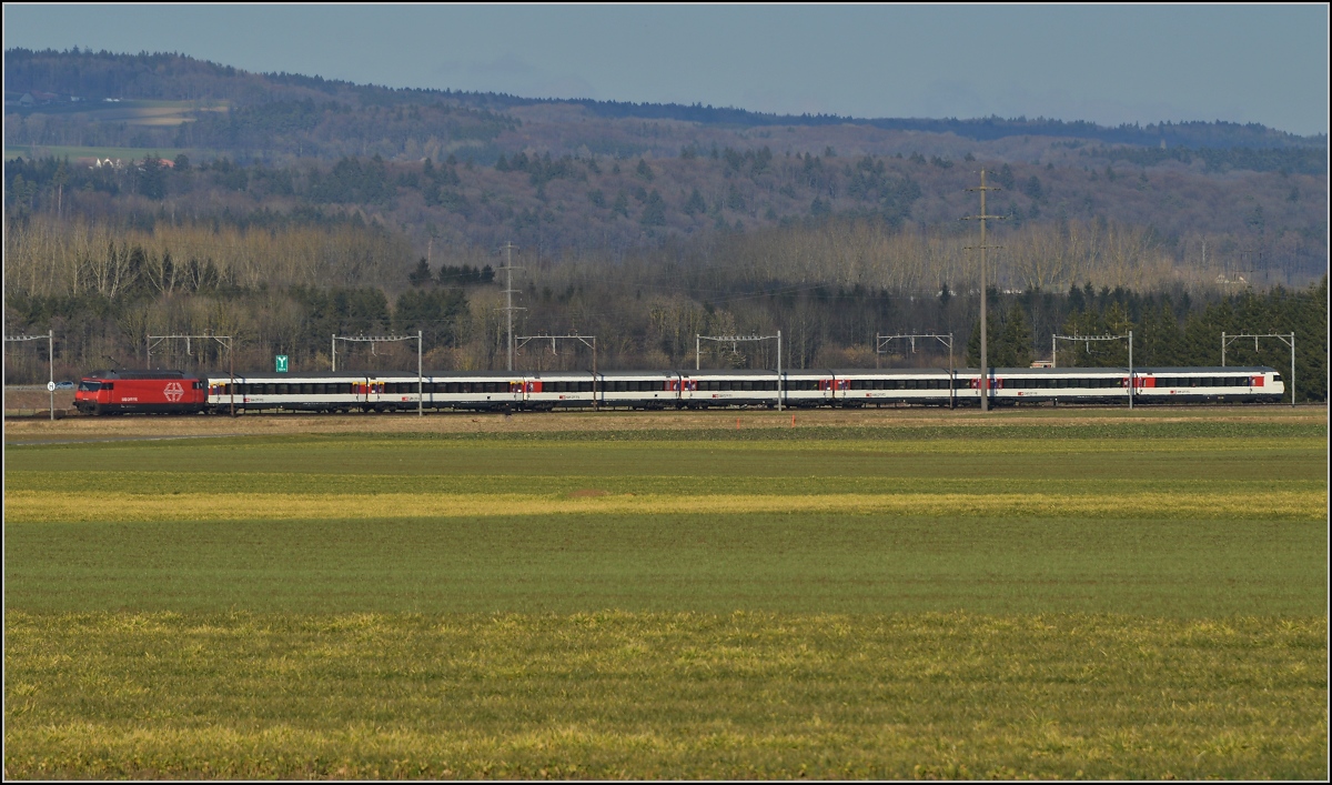 In der Weite des Thurtals. Der Interregio Konstanz ဓ Biel gezogen von einer Re 460 bei Hüttlingen. Februar 2014.