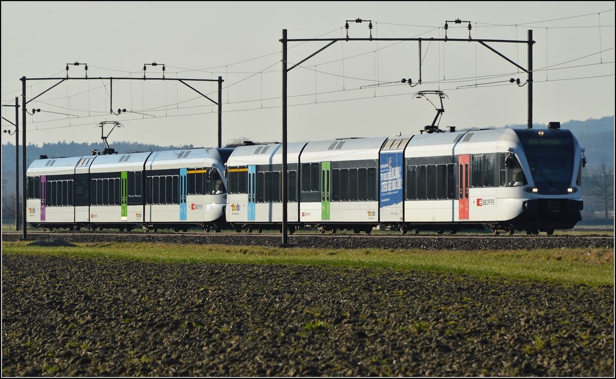 In der Weite des Thurtals. 

Zwei GTW auf dem Weg nach Winterthur bei Eschikofen. Februar 2014.