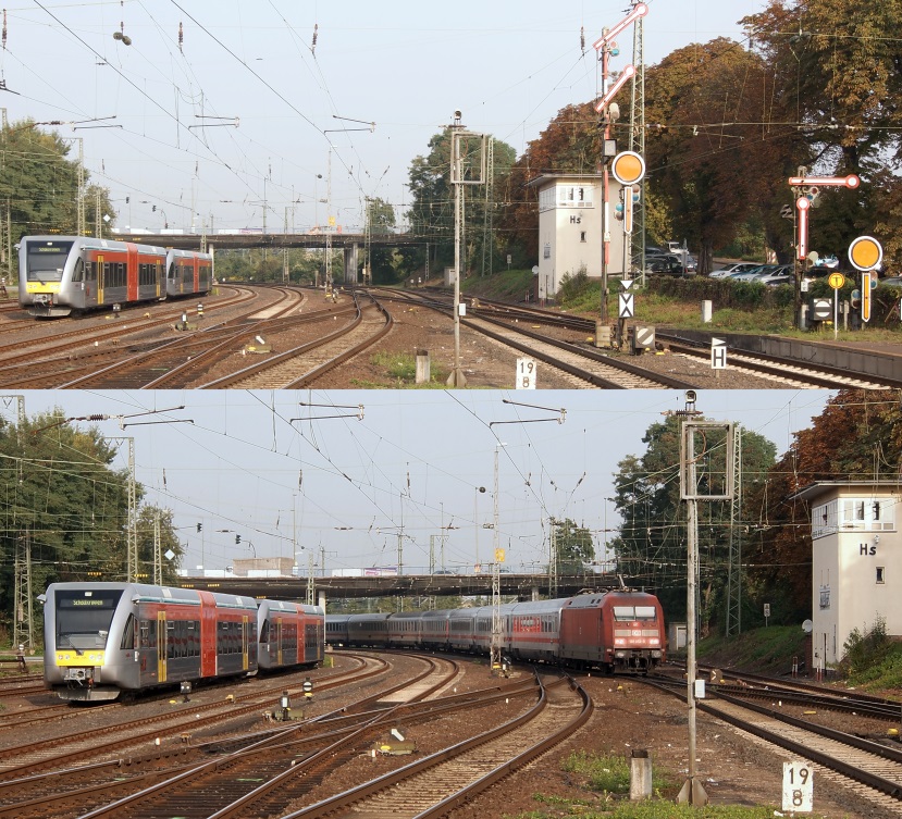 In der westlichen Hanauer Bahnhofshlfte stehen noch Formsignale. Links wartet der HLB-Triebwagen 508 118 auf den nchsten Einsatz und i.d.Mitte schiebt 101 052 den IC aus Nrnberg nach Frankfurt weiter. Markant ist das verkrzte Formsignal ganz rechts. (25.9.13)