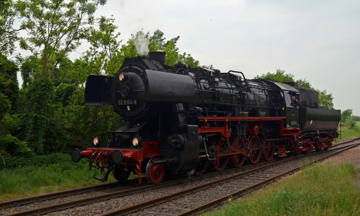 In Wörlitz musste am 12.05.18 der Sonderzug vom Bahnsteiggleis auf das Ausweichgleis umgesetzt werden. Hier rollt 52 8154 gerade im Bahnhof Wörlitz an ihrem Sonderzug vorbei.