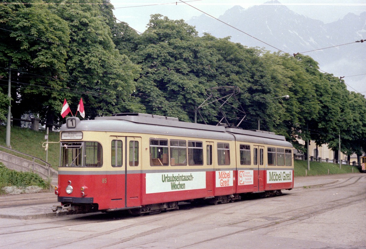Innsbruck IVB SL 1 (DÜWAG GT6 85) Bergisel am 14. Juli 1978. - Scan von einem Farbnegativ. Film: Kodacolor II. Kamera: Minolta SRT-101.