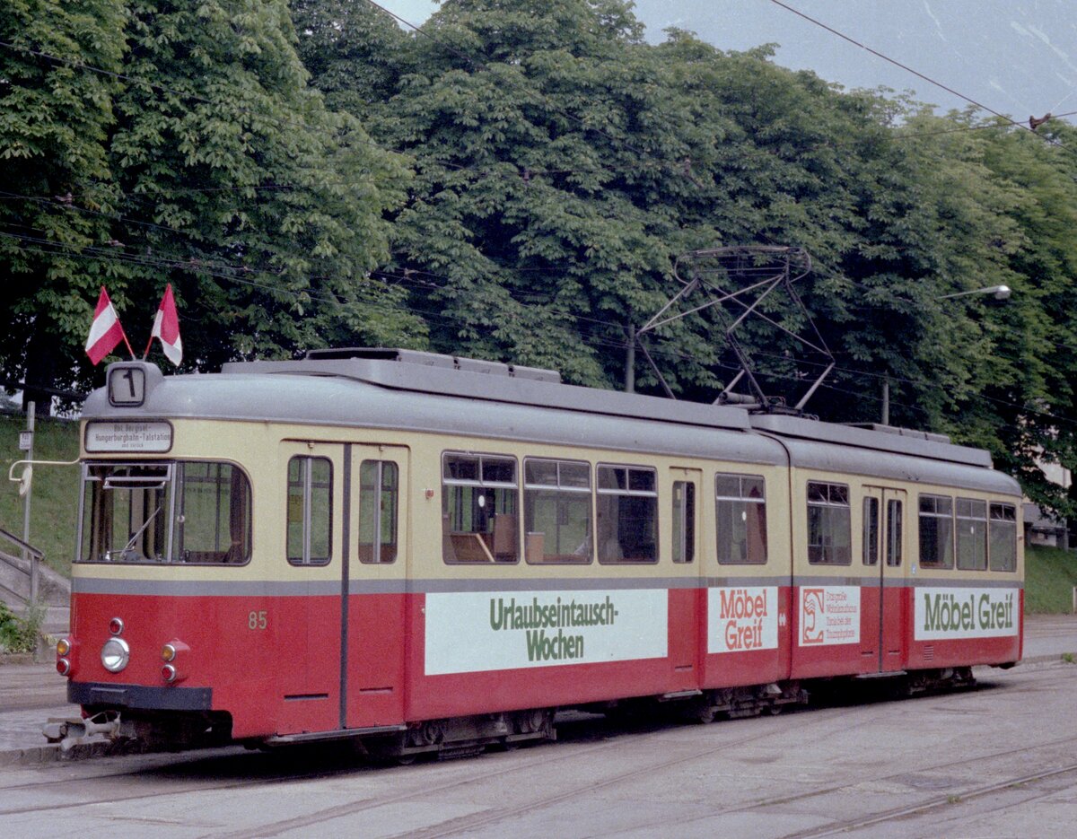 Innsbruck IVB SL 1 (GT6 85 (ex Hagen, DÜWAG/Kiepe)) Bergisel am 14. Juli 1978. - Scan eines Farbnegativs. Film: Kodak Kodacolor II. Kamera: Minolta SRT-101. 