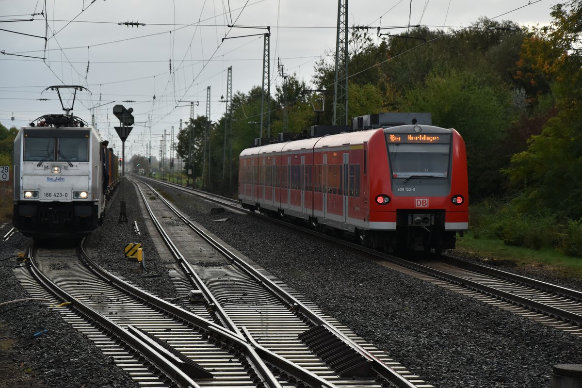 Ins Ausweichgleis wurde die 186 423-0 der Rurtalbahn Cargo mit einem Kastelnzug und die RB 44 nach Neu-Edingen beim Verlassen von Guntersblum. 8.10.2017