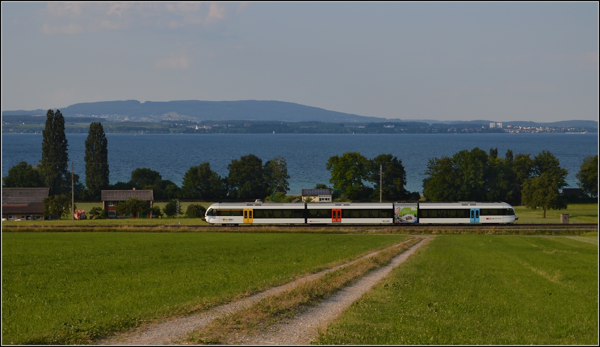 Ins rechte Licht gesetzt macht auch ein GTW was her. 

Thurbo GTW 2/8 bei Altnau. Juni 2014.