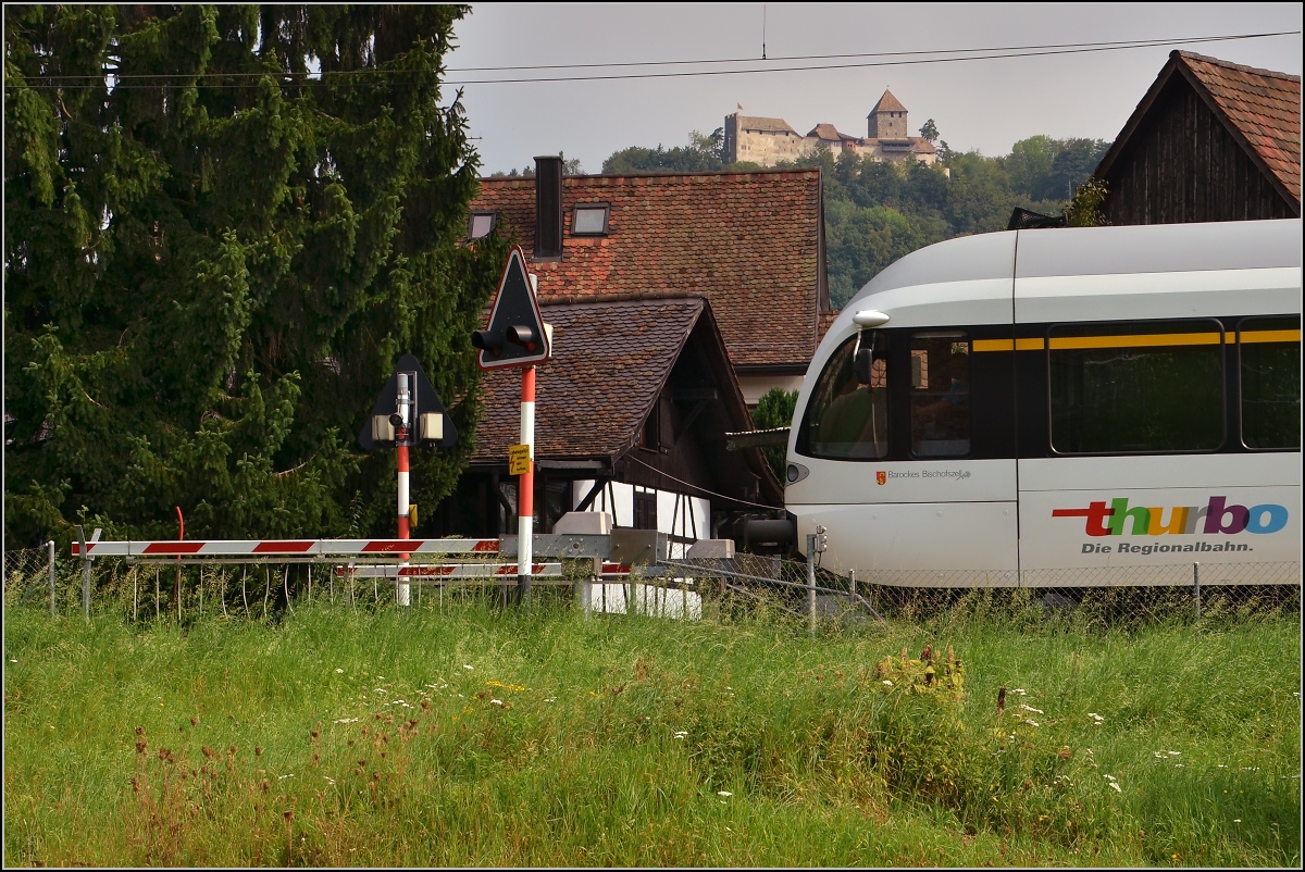 Ins rechte Licht gesetzt macht auch ein GTW was her. 

Thurbo GTW 2/8 in Stein am Rhein, darüber thront Burg Hohenklingen. August 2011.