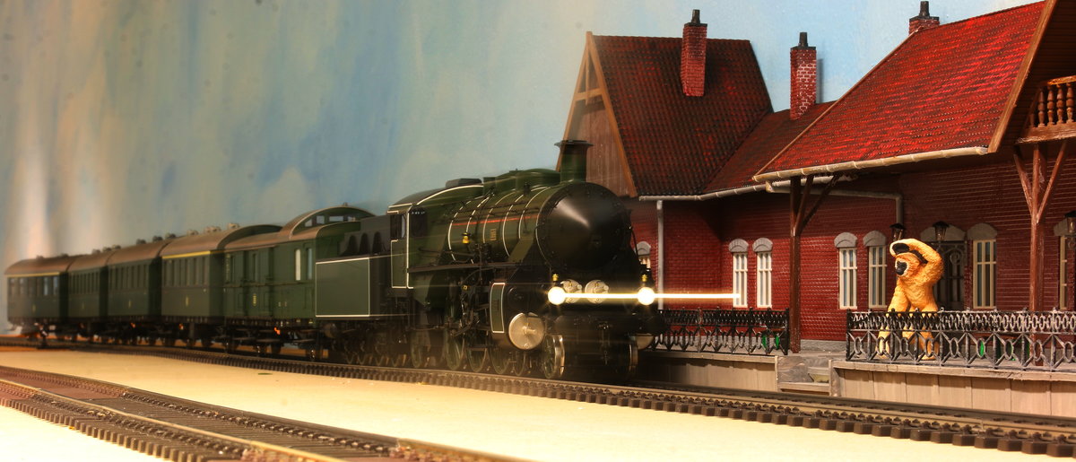 Insgesamt 159 Stück gab es von dieser wunderbaren Dampflokomotive der Reihe S3/6 die in den Jahren 1908-1931 gebaut wurden. 
Als Modell gibt Sie ein nicht minder wunderbares Bild ab . 
Die Vorbild Geschwindigkeit von 120 km/h erreicht das Spitzenmodell des Herstellers KM1 zwar nicht aber wundert sich der Affe doch über die Geschwindigkeit mit der der Zug einfährt. 
8.04.2017 