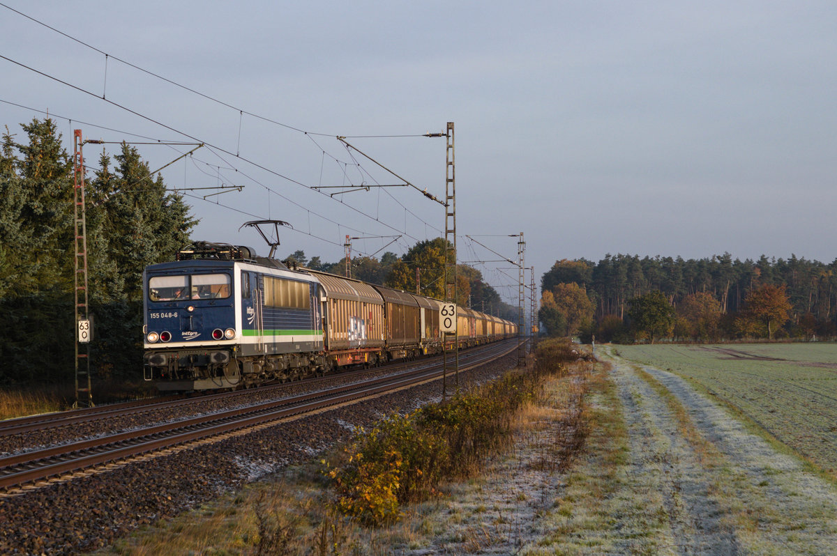 IntEgro 155 048 mit einem H-Wagen Ganzzug am 11.11.2019 bei Rohrsen.