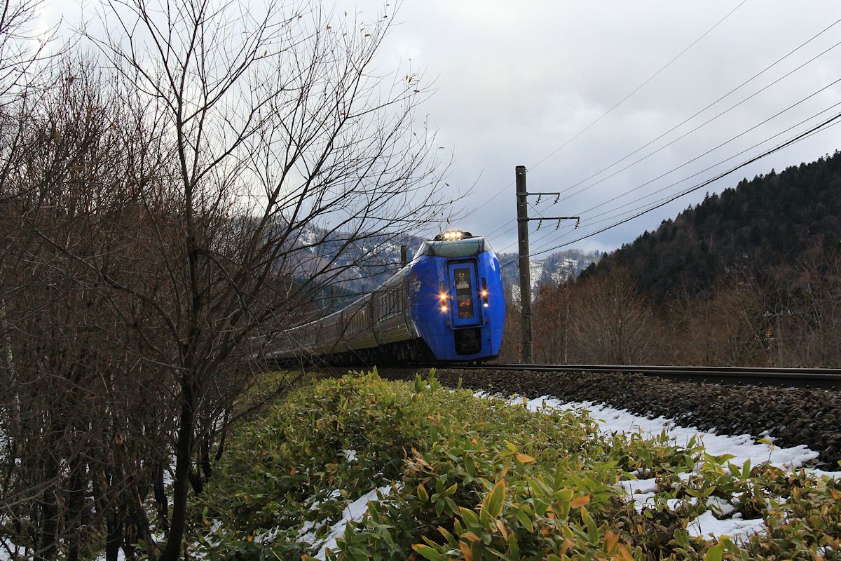 Intercity-zug Serie 283: Ein Zug aus Sapporo beim Abstieg auf der Ostseite der Passstrecke in Zentral-Hokkaidô. Im Frontfenster des Wagenübergangs ist der für Hokkaidô typische Streckenkontrolleur sichtbar, der in dieser abgelegenen Gegend die Strecke überwacht. Bei Tomamu, 28.Oktober 2015. SEKISHÔ-LINIE/NEMURO-HAUPTLINIE 