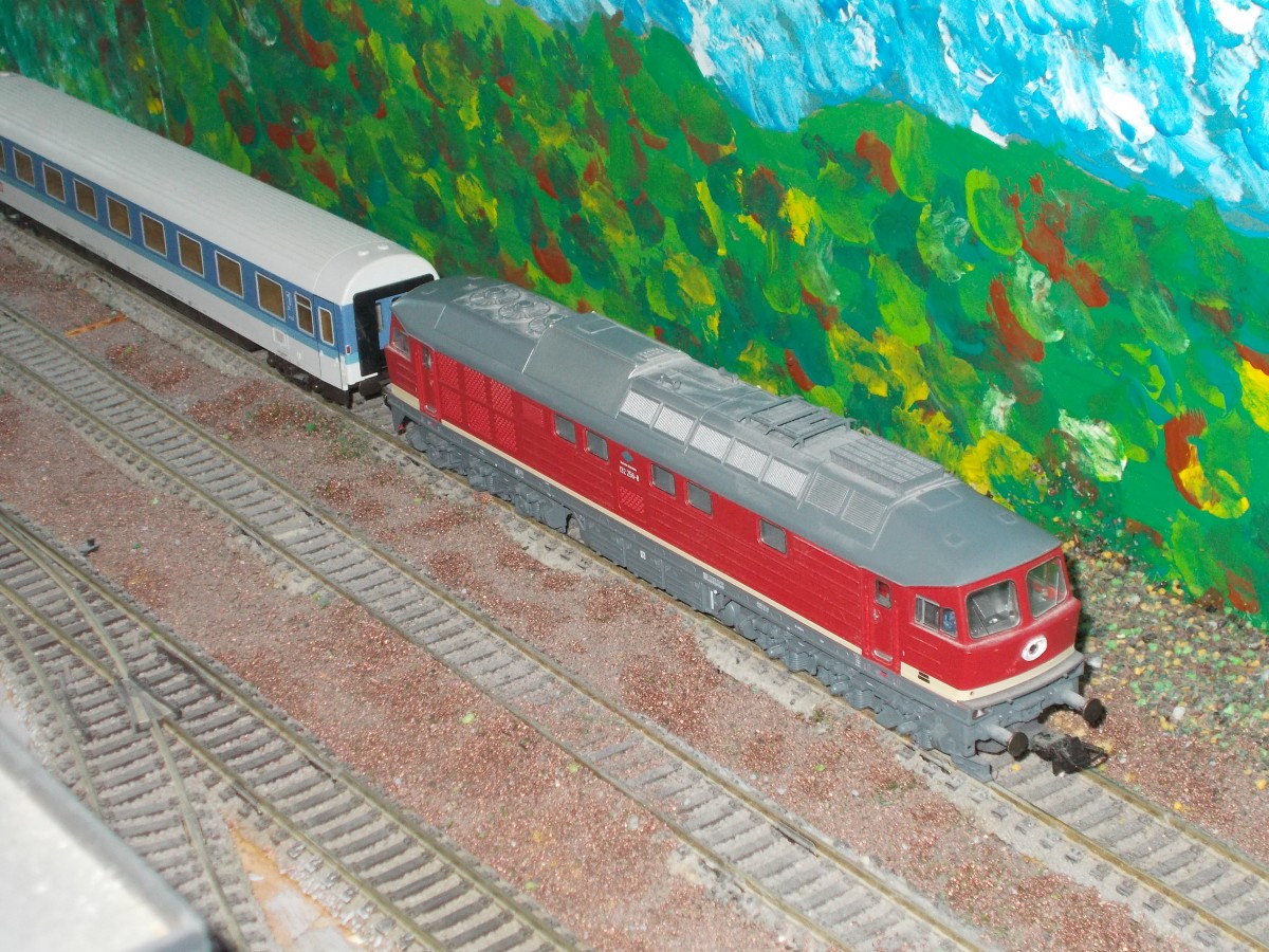 InterRegio mit Roco`s 132 256 rauschte,am 23.November 2015,auf dem linken Gleis über meine H0-Zimmeranlage.