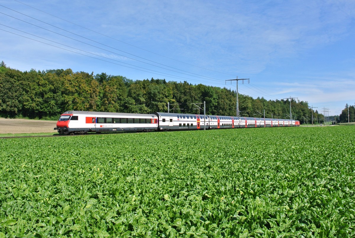 IR 3225 zwischen Hindelbank und Lyssach. An diesem 6-teiligen IC 2000 wurde der Dotso Bt durch einen Dosto AD (007-6) und einen Bt IC, 50 85 28-94 952-4, ersetzt, 21.09.2013.