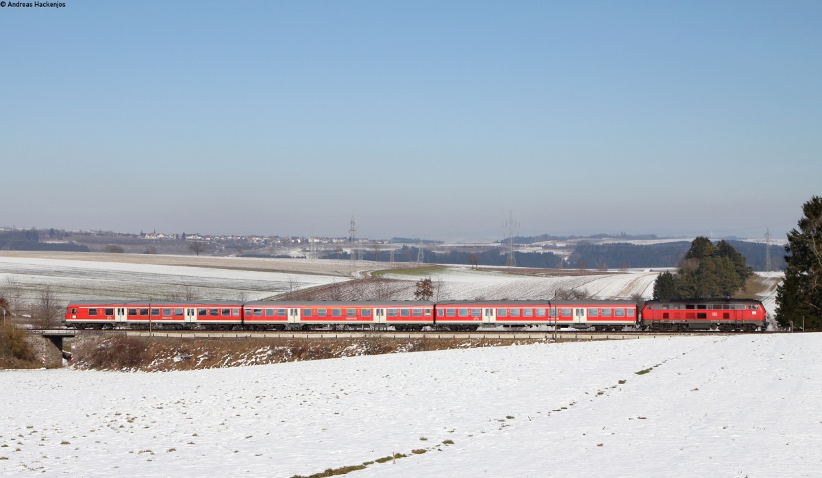 IRE 3213 (Neustadt(Schwarzw)-Ulm Hbf) mit Schublok 218 495-0 bei Bachheim 27.2.16