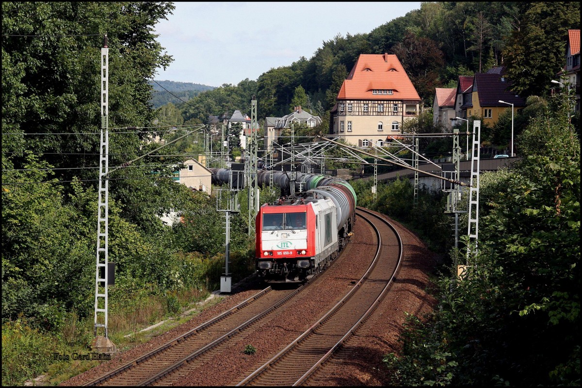ITL 185650 war am 24.09.2015 um 13.50 Uhr mit einem Tankzug bei Königstein auf der Elbtalbahn in Richtung Dresden unterwegs.
