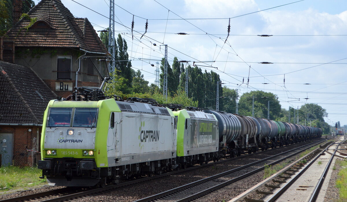 ITL - Eisenbahngesellschaft mbH, Dresden [D] mit  185 543-6  [NVR-Nummer: 91 80 6185 543-6 D-ITL] und   185 548-6  [NVR-Nummer: 91 80 6185 548-5 D-ITL] + Kesselwagenzug (leer) am Haken RIchtung Stendell am 16.08.21 Berlin Buch. 