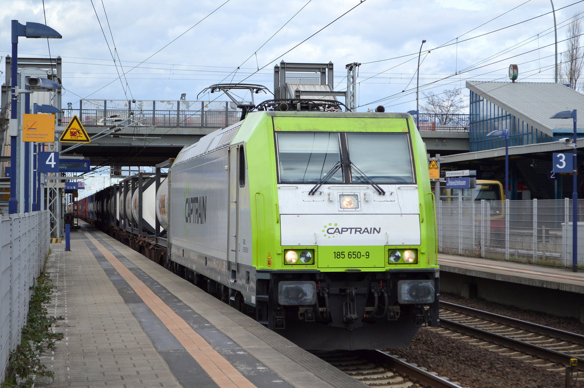 ITL - Eisenbahngesellschaft mbH mit  185 650-9  [NVR-Number: 91 80 6185 650-9 D-ITL] und Containerzug am 07.03.19 Bf. Berlin-Hohenschönhausen Richtung Frankfurt/Oder.