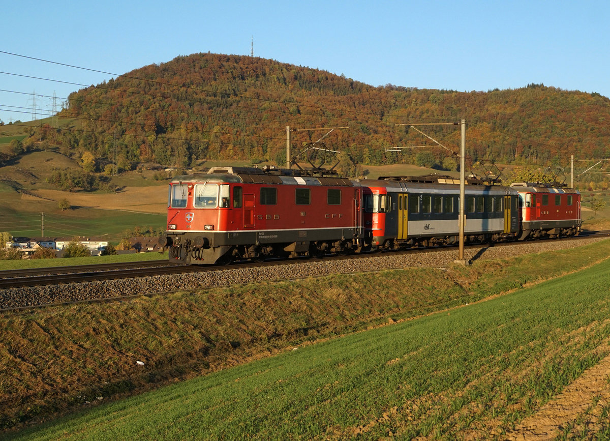 JAHRESRÜCKBLICK 2018
von Walter Ruetsch
Serie Nr. 7
Für die Zuckerrübenkampagne 2018 hatte die Schweizer Zucker AG die Rübentransporte umorganisiert. An Stelle von SBB CARGO wurde mit den privaten Firmen Swiss Rail Traffic für Frauenfeld und Sersa für Aarberg zusammen gearbeitet. Das neue Konzept führte zu sehr interessanten und abwechslungsreichen Fahrzeugeinsätzen im Streckendienst sowie auf den Verladebahnhöfen im Rangierdienst.
Der bei den Bahnfotografen während der Rübensaison 2018 beliebteste Rübenzug stand im Dienste der Eisenbahndienstleister GmbH. 
Nach mehreren erfolglosen Versuchen sowie einem Ausharren von mehreren Stunden erwischte ich am 25. Oktober 2018, nur wenige Tage vor der Umstellung auf die Winterzeit, wenigstens noch den Lokzug  bestehend aus zwei nicht erkennbaren Re 420 und dem DSF RBe 540 072 im allerletzten Sonnenlicht bei Frick.   

