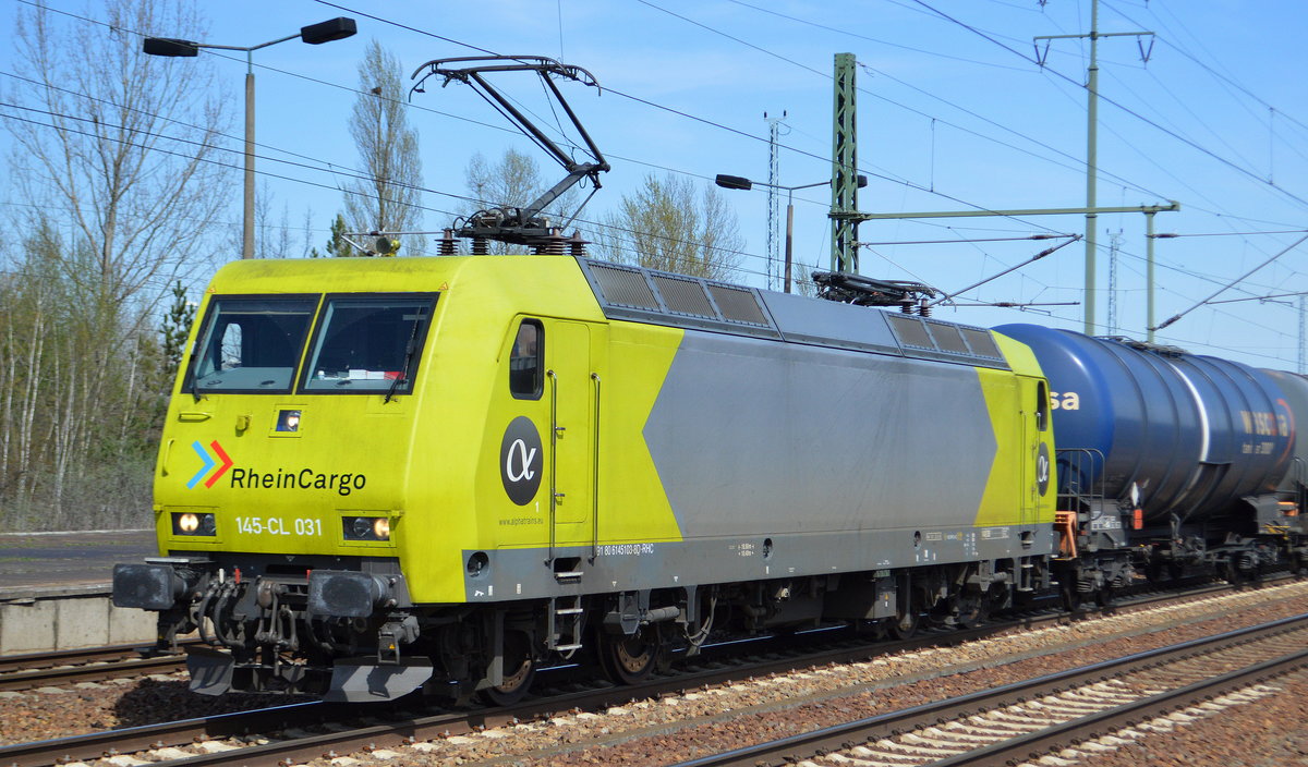 Jetzt also auch bei RHC, 145-CL 031 [NVR-Number: 91 80 6145 931-2 D-RHC] mit Kesselwagenzug am 15.04.18 Bf. Flughafen Berlin-Schönefeld.
