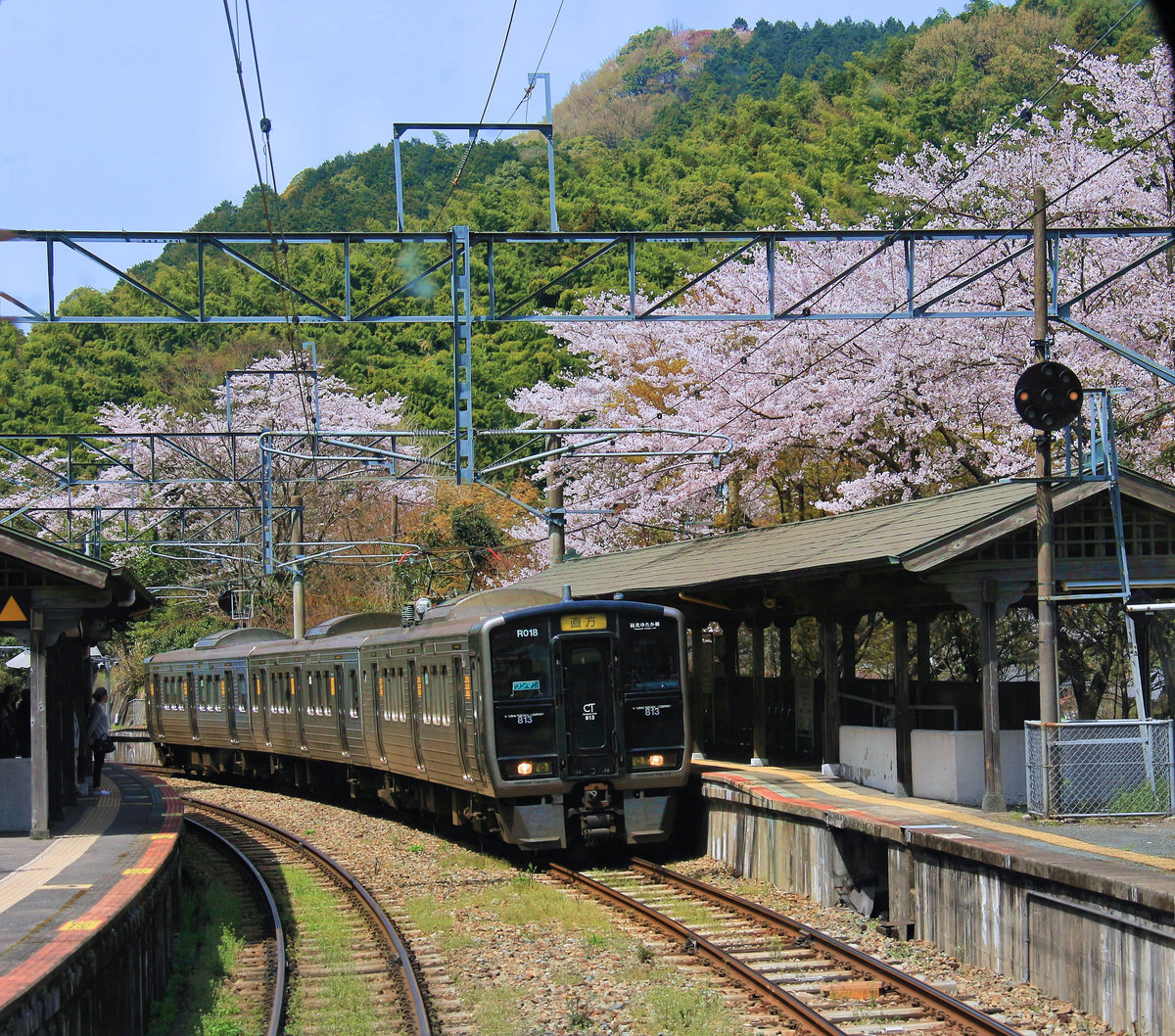 JR Kyûshû Serie 813: Zug 813 Nr.118 im Hinterland von Fukuoka, bei den Tempelanlagen von Kido Nanzôin. 31.März 2018  