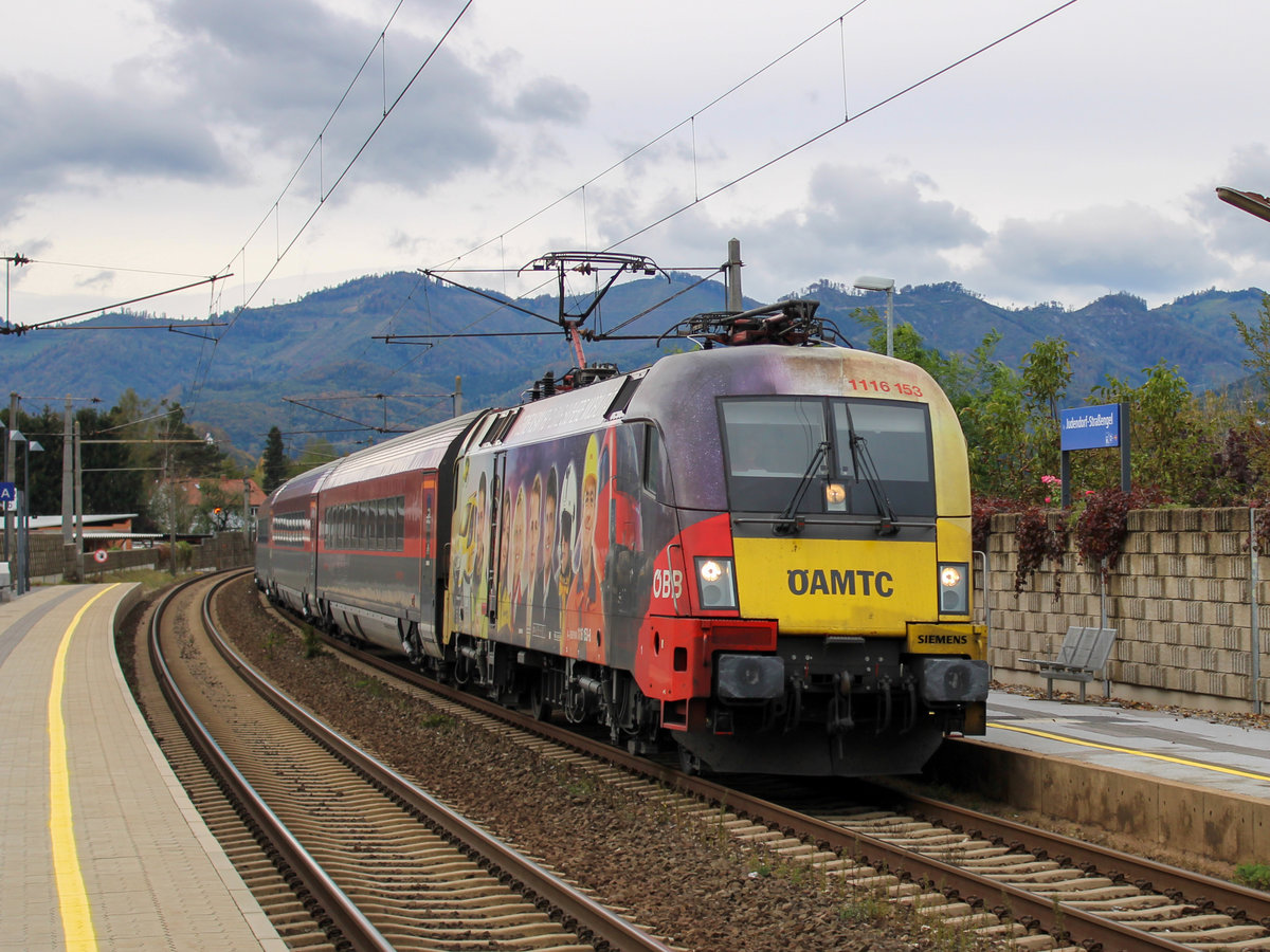 Judendorf Straßengel. Am 12.10.2020 fuhr die ÖBB 1116 153  ÖAMTC  mit einem railjet nach Graz, hier in Judendorf Straßengel.