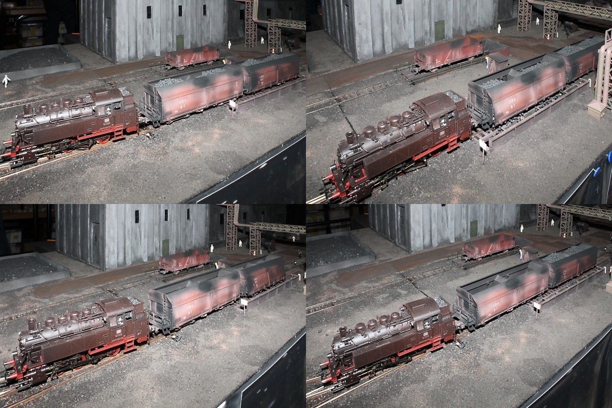 Jürgen Brockauf mit  Kohlengrube Carl-Alexander , Entladung zweier Schüttgutwagen (im Uhrzeigersinn): 
Die BR 81 bringt den ersten Wagen über die Entlade-Grube, wo dieser entleert wird. Anschließend wird der zweite Wagen dort positioniert und entleert.

Internationale Modellbahnausstellung der IGM Kaarst, 23.02.2013 