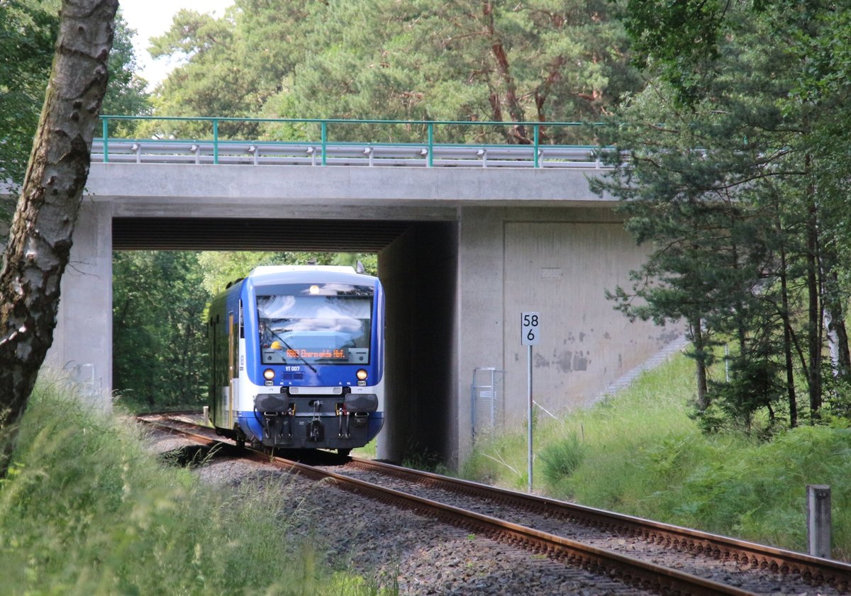 Juni 2016. RB 63 nach Eberswalde Hbf unterquert die BAB 11 58.8 km entfernt vom Stettiner Bf.