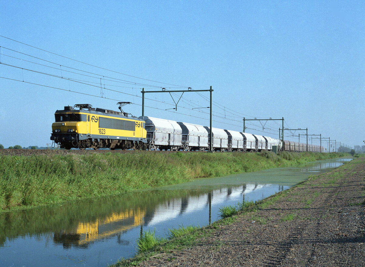 Kalkzug 47554 (Hermalle-sous-Huy nach Beverwijk Hoogovens Centraal) unterwegs bei Schalkwijk am 29.08.1981, 18.04u. Lok NS 1623 führt Wagen vom Typ Tals, Ucs und Fals. Scan (Bild nr 95714, Kodak Ektacolor Gold).
