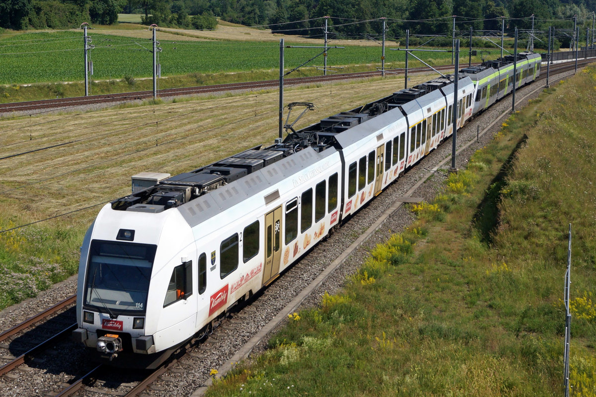 KAMBLY ZUG.
BLS Lötschberger RABe 535 114 mit Kambly-Werbung bei Roggwil am 24. Juni 2020.
Foto: Walter Ruetsch 
