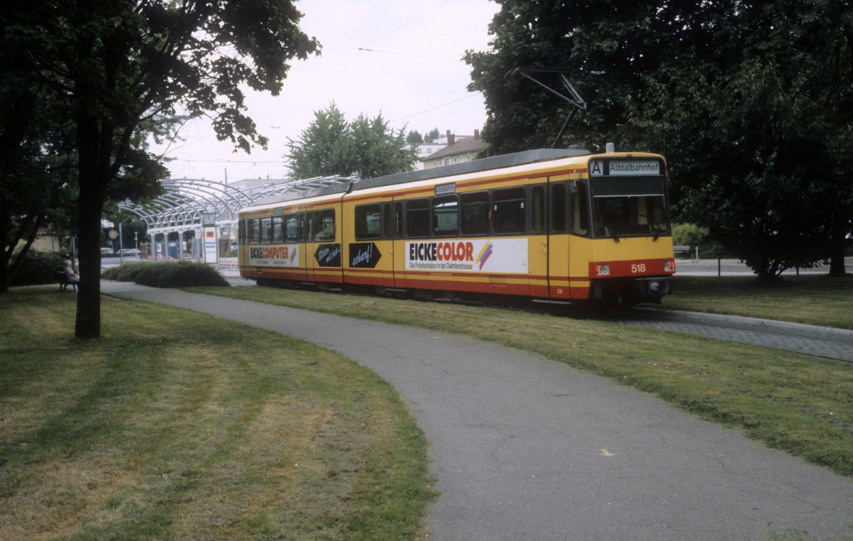 Karlsruhe VBK / AVG SL A (Waggon Union-GT6 518) Albtalbahnhof im Juli 1988.