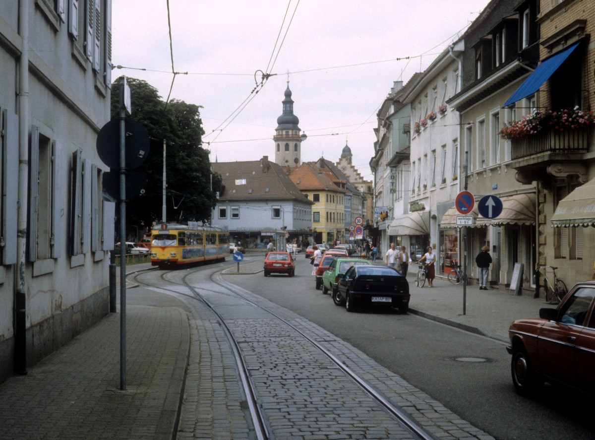 Karlsruhe VBK SL 1 Durlach, Pfinztalstrasse / Schlossplatz im Juli 1988.