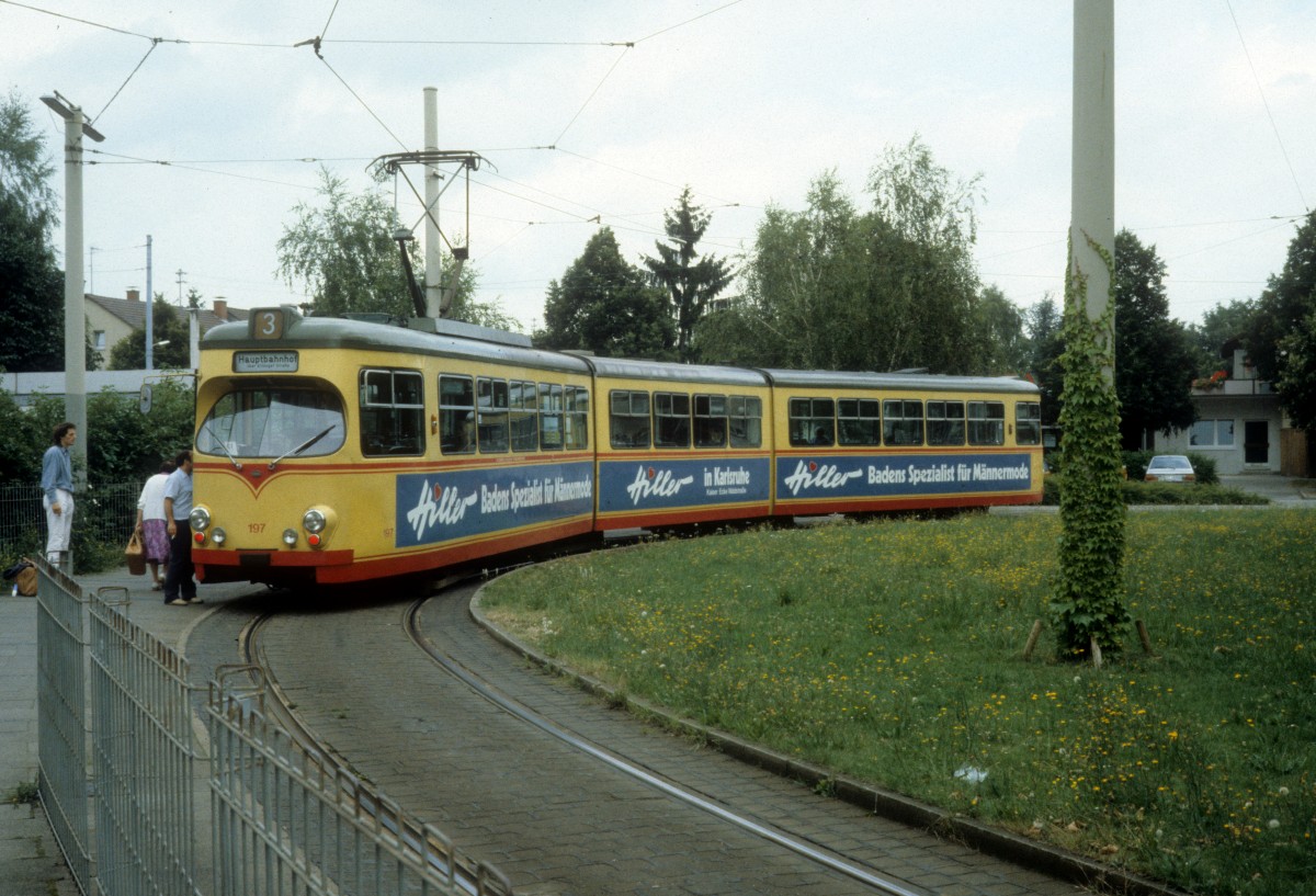 Karlsruhe VBK SL 3 (DWM-GT8 197) Rintheim im Juli 1988.