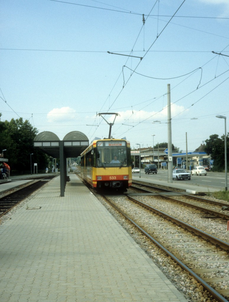 Karlsruhe VBK SL A-Eilzug (DÜWAG-GT6 533) im Juli 1988.