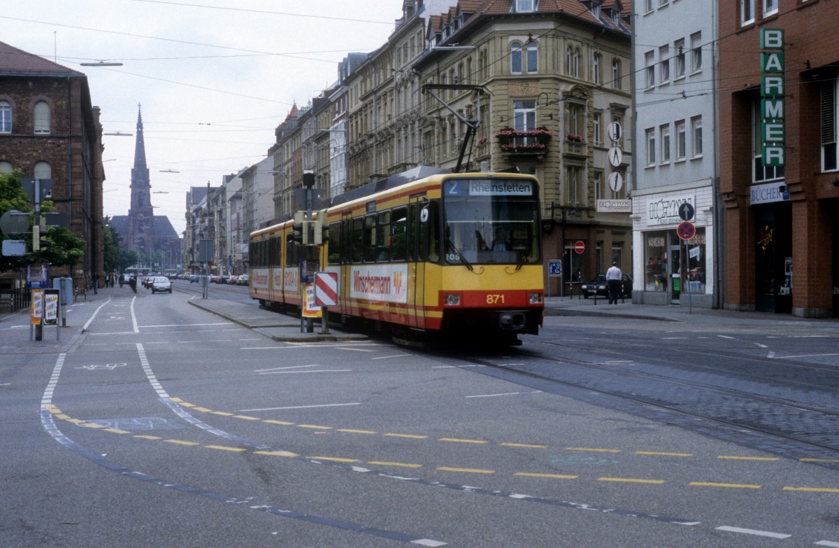 Karlsruhe VKB SL 2 (GT8 871) Berliner Platz am 27. Juni 1993.