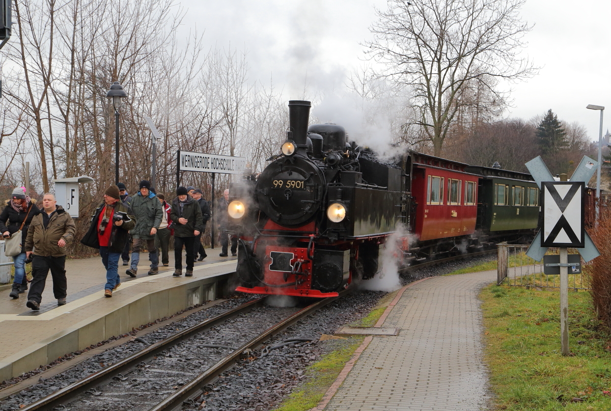 Kaum ist 99 5901 am 05.02.2016 im Haltepunkt Wernigerode-Hochschule Harz (ehem. Kirchstraße) zum Halten gekommen, fluten auch schon die Fotografen zum vorgesehenen Fotostandpunkt, um die Ausfahrt des Zuges und die nachfolgende Fahrt durch die allseits bekannte Kirchstraße festzuhalten.
