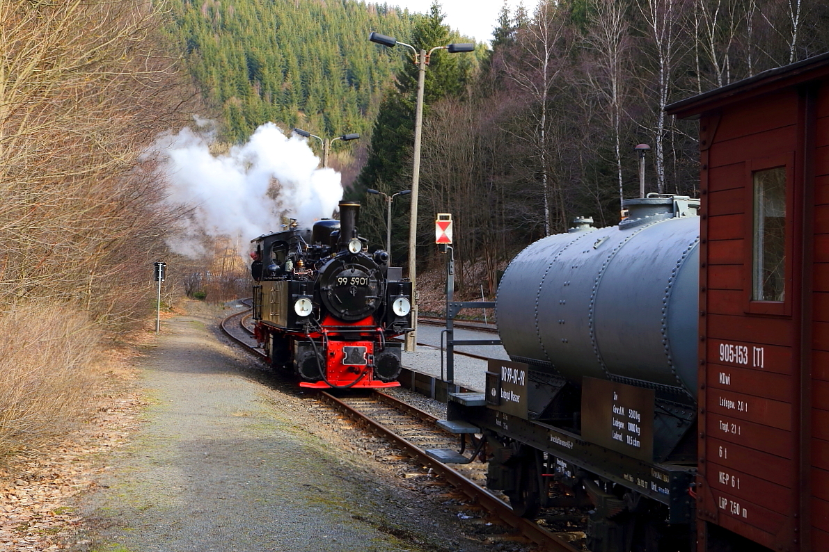 Kaum ist 99 5901 am Vormittag des 26.02.2017  mit ihrem IG HSB-Sonder-PmG im Bahnhof Eisfelder Talmühle eingelaufen, stehen auch schon wieder einige Rangierfahrten an, da Platz für zwei Plantriebwagen gemacht werden muß und die Lok außerdem Kohlenachschub vom LKW erhält. Hier setzt die Maschine gerade um, damit der Zug auf ein anderes Gleis manövriert werden kann.