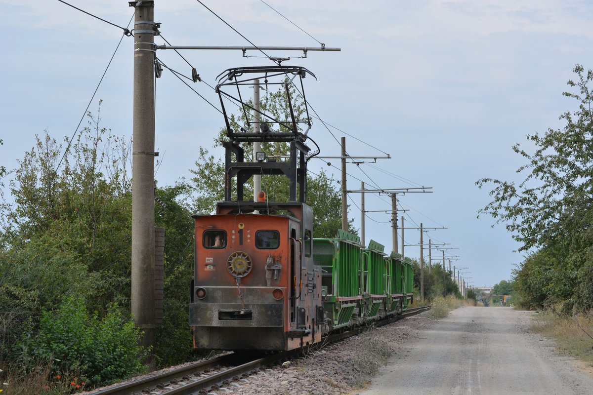 Kaum überhörbar nähert sich Lok 1 des Sodawerks Staßfurt. Hier fährt sie gerade mit dem Leerzug wieder zur Verladestation.

Staßfurt 21.07.2016