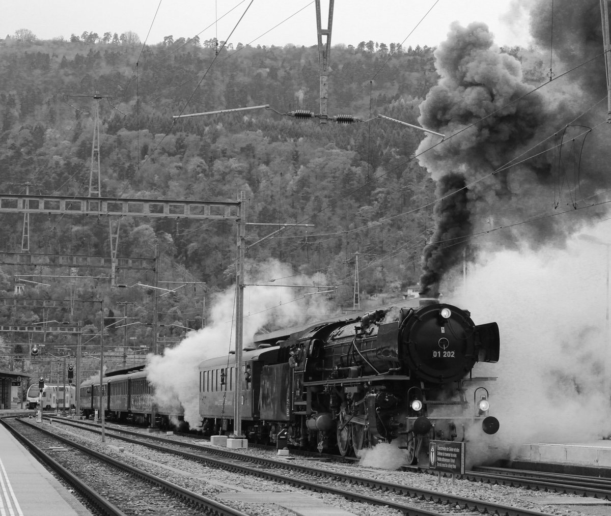 Kein Wunder, dass Anwohner in Lausanne, am folgenden Abend, die Feuerwehr alarmierten! Eine Woche nach der tollen Dampffahrt am Gotthard, bot mir die BR 01 202 des Vereins Pazific im Spätherbst wieder eine einmalige Gelegenheit, vor Beginn der (richtig)  kalten  Jahreszeit zu fotografieren. BR 01 202 mit einem Dampfsonderzug auf der Abfahrt im Bahnhof Biel / Bienne via Lyss, Bern nach Lausanne. Oktober 2017