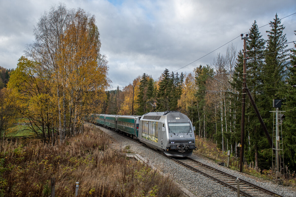 Keine Schweizer Lok aber eine in der Schweiz entwickelte Baureihe: Vy (NSB) El 18 2242 bei der Einfahrt in Gol, unterwegs nach Oslo. Aufgenommen am 14.10.2021.