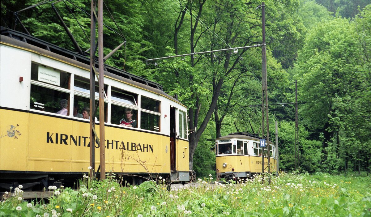 Kirnitzschtalbahn__Begegnung von Tw 5 und 6 an der einzigen Ausweiche auf freier Strecke.__11-05-1990