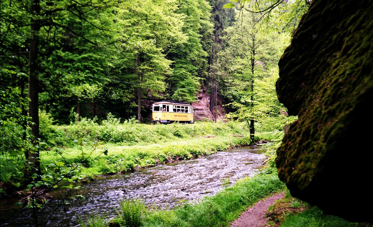 Kirnitzschtalbahn__Tw 6 [T2, Gotha 1938, ex Lockwitztalbahn; 1993 >Halle/S.] unterwegs entlang der Kirnitzsch.__11-05-1990