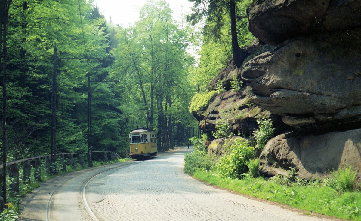 Kirnitzschtalbahn__Tw auf der Strecke.__11-05-1990