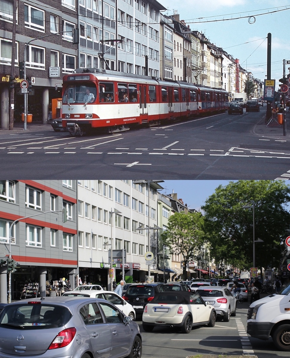 Knapp 110 Jahre, vom 13.08.1892 bis zum 14.06.2002 fuhren Straßenbahnen, zunächst als Pferdebahn und zuletzt als Stadtbahn, durch die Kölner Straße in Düsseldorf-Oberbilk. Mit der Inbetriebnahme des Stadtbahntunnels war es damit vorbei. Die obere Aufnahme des GT8SU 3233 als U 74 am Oberbilker Markt entstand kurz vor der Aufnahme des Tunnelbetriebes im Frühjahr 2002. Wie das untere Bild vom 25.05.2023 zeigt, haben die Autofahrer die Straße jetzt für sich.
