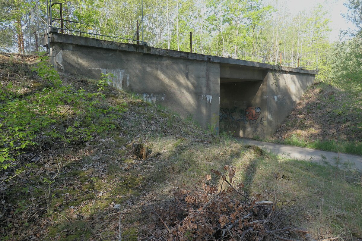 Kohebahn der Eintracht-Braunkohlewerke Welzow-Knappenrode: Hier bei Klein-Seidewinkel rumpelte von 1939 bis etwa 1958 (www.sachsenschiene.de) die betreffende elektrische Kohlebahn über die Brücke entlang. Heute ist diese Brücke Naturdenkmal und als Unterführung ein Geheimtip für den Fahrradtourismus. Aufgenommen im Jahr 2025