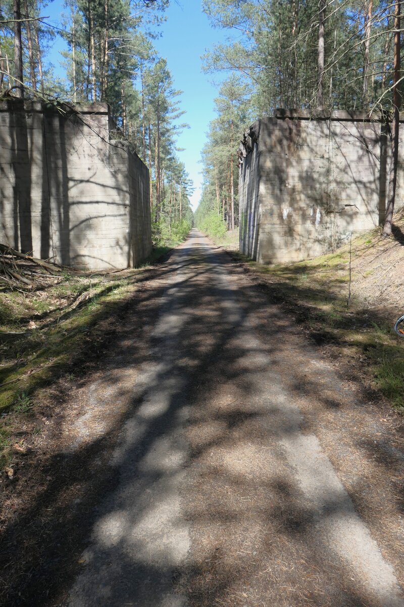 Kohlebahn der Eintracht-Braunkohlewerke Welzow-Knappenrode: Wo früher die Brankohlenzüge aus Richtung Welzow nach Knappenrode durch diesen Damm mit ehemaligen Brückenbauwerk fuhren, befindet sich 2025 ein Naturdenkmal der genannten Strecke mit Geheimtip für einen stressfreien Fahrradweg vom Scheibesee bis nach Kamenz.