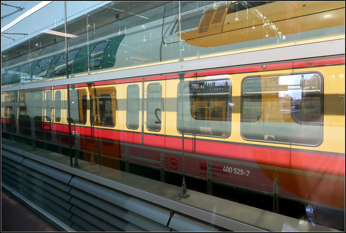 Komplexe Speigelung -

Wir sitzen in einem Stadler Kiss-Triebzug und blicken durch eine Glaswand auf eine daneben stehende S-Bahn. In der geneigten Glaswand spiegelt sich der Doppelstockwagen. Zusätzlich spiegelt er sich noch in den Fenster der S-Bahn, so ist die Doppeltüre des Stadler Kiss gleich zweimal zu sehen.

Aufgenommen in Berlin-Ostkreuz, unser Zug nach Cottbus stand dort auf Gleis 13.

21.08.2019 (M)