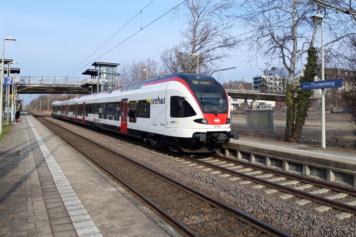 Konstanz-Fürstenberg am 09.03.2021 mit 521 202 als Seehas in Richtung Radolfzell (-Engen)