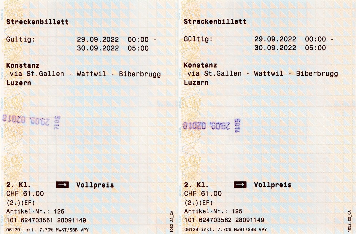 KONSTANZ (Landkreis Konstanz), 29.09.2022, 2 eingescannte Fahrkarten (gekauft am SBB-Schalter in Konstanz) für eine Fahrt von Konstanz nach St. Gallen und von dort mit dem Voralpenexpress bis Luzern; leider war das Wetter an diesem Tag sch...