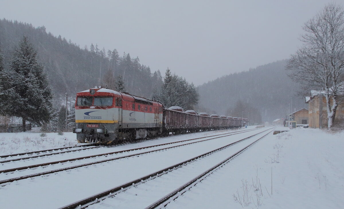 kräftiger Schneefall herrschte am 11.3.2023 in Rotava nahe Kraslice als die ZSSK 751 109 mit leeren Eas auf weitere Aufgaben wartete. 