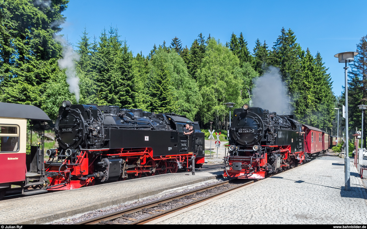 Kreuzung im Bahnhof Schierke am 1. Juni 2017. 99 236 mit dem Zug nach Drei Annen Hohne - Nordhausen steht bereits im Bahnhof, während 99 7247 mit ihrem Zug Drei Annen Hohne - Brocken gerade einfährt.